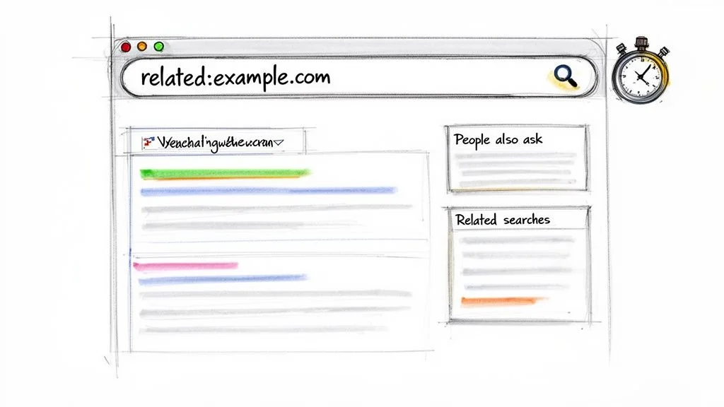 Hand-drawn sketch of a browser showing 'related:example.com' search query with results and a stopwatch