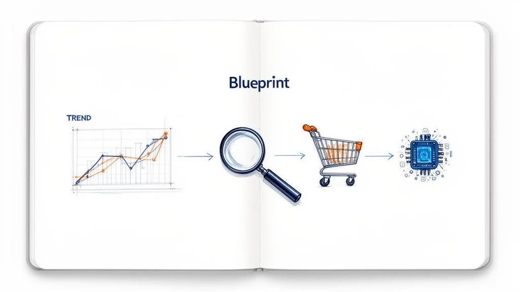 Blueprint sketch showing trend analysis and product discovery workflow for dropshipping