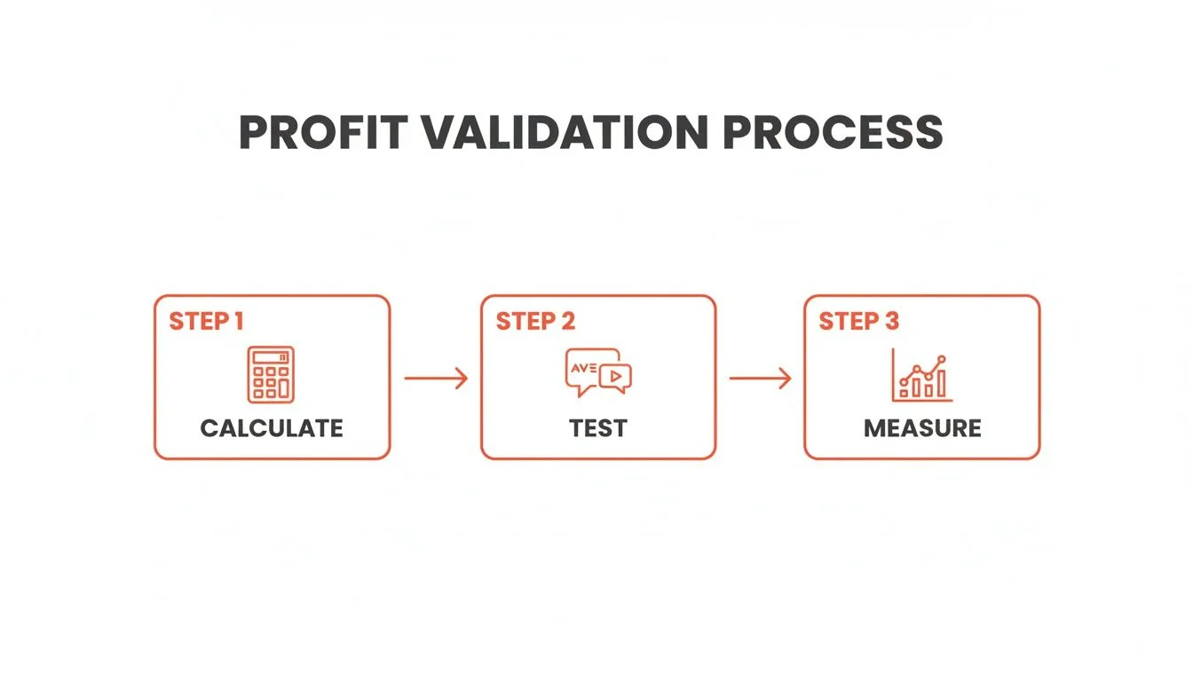 Profit validation flowchart for dropshipping showing calculate, test, and measure steps