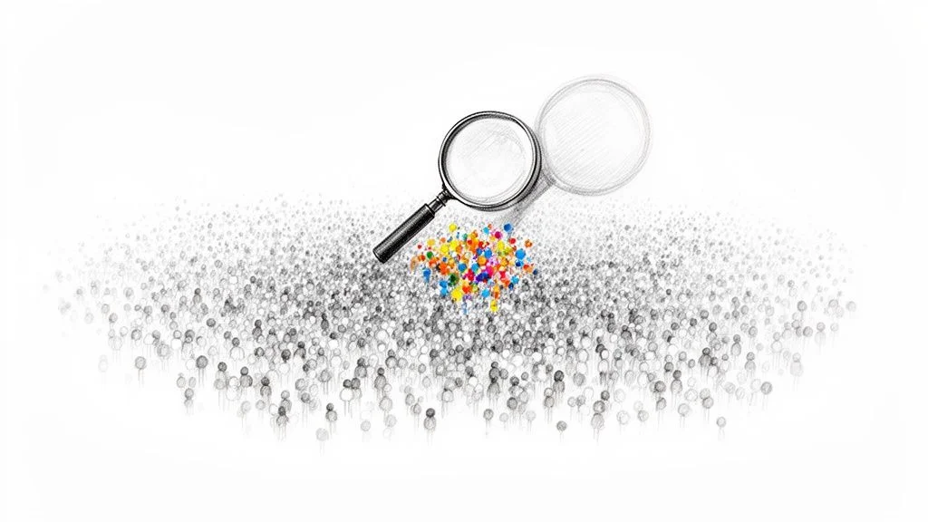 A magnifying glass highlighting a vibrant cluster of dots representing niche market identification