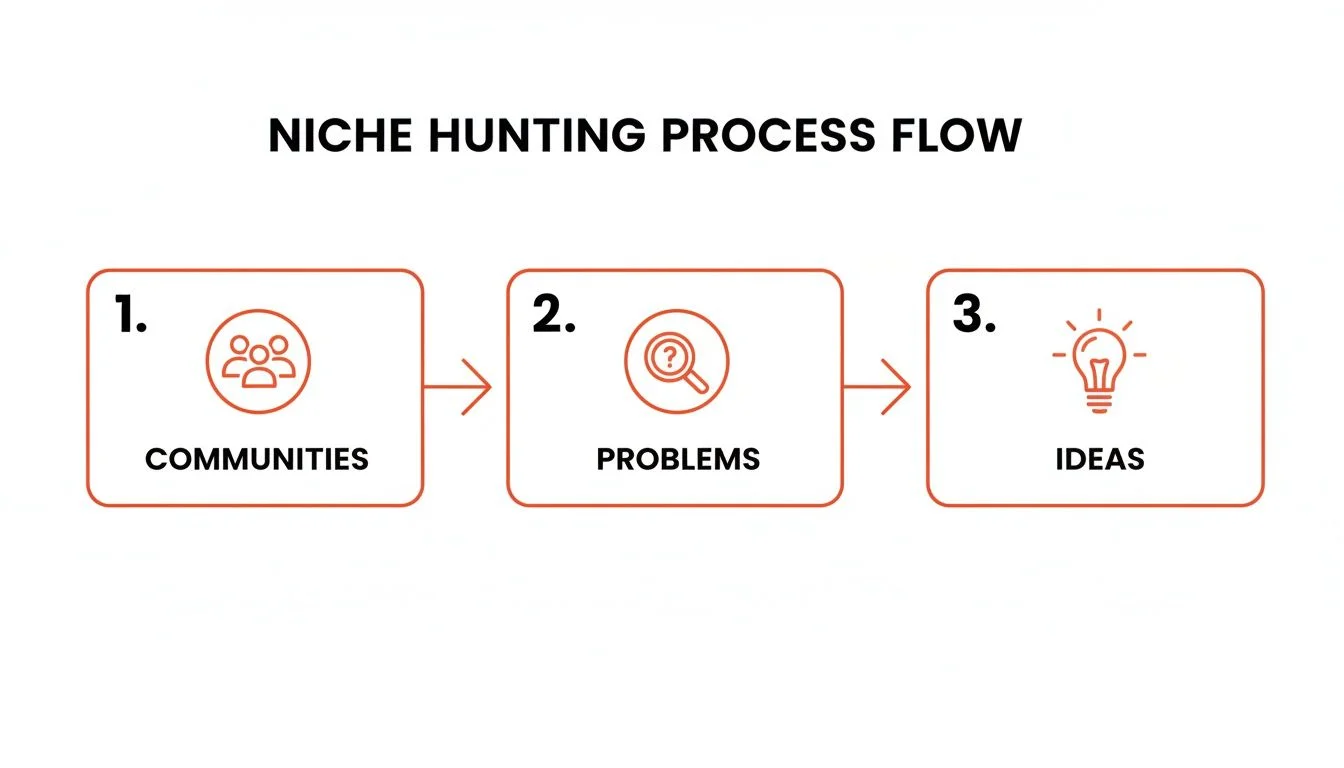 Diagram showing niche hunting process from communities to problems to validated ideas