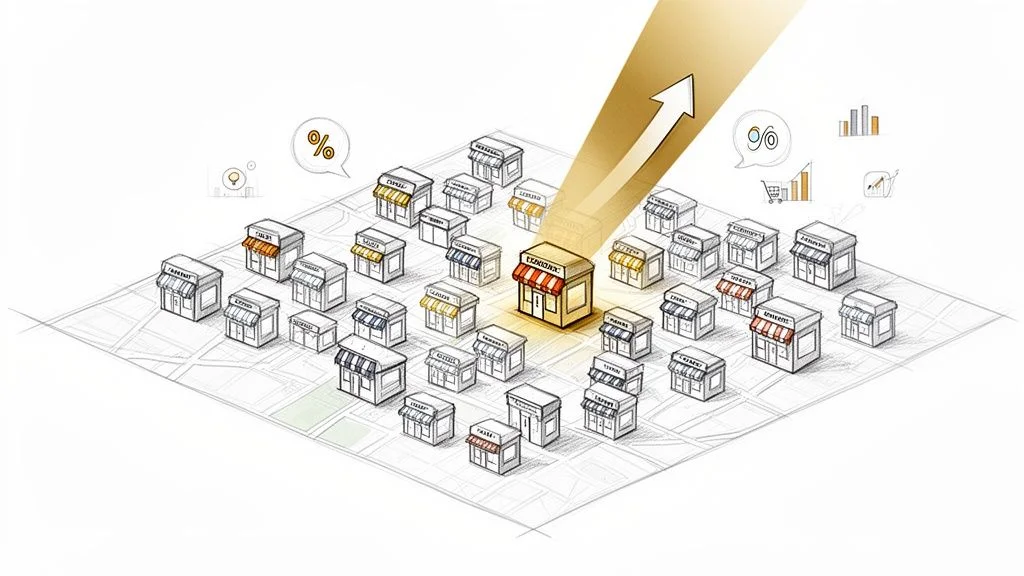 Isometric illustration of many small stores on a map with one highlighted showing business growth and analytics