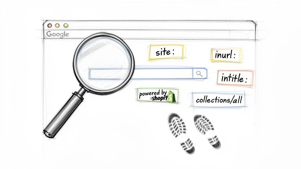 Google search bar with advanced search operators inurl, site, intitle for finding Shopify stores