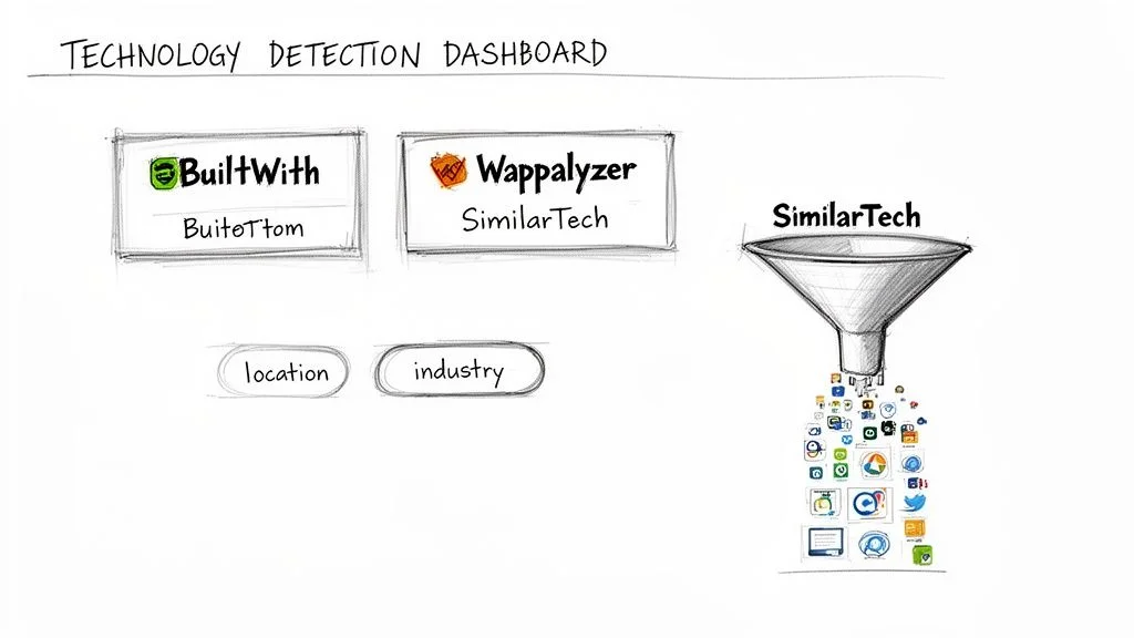 Technology detection dashboard showing BuiltWith, Wappalyzer, SimilarTech tools filtering by location and industry