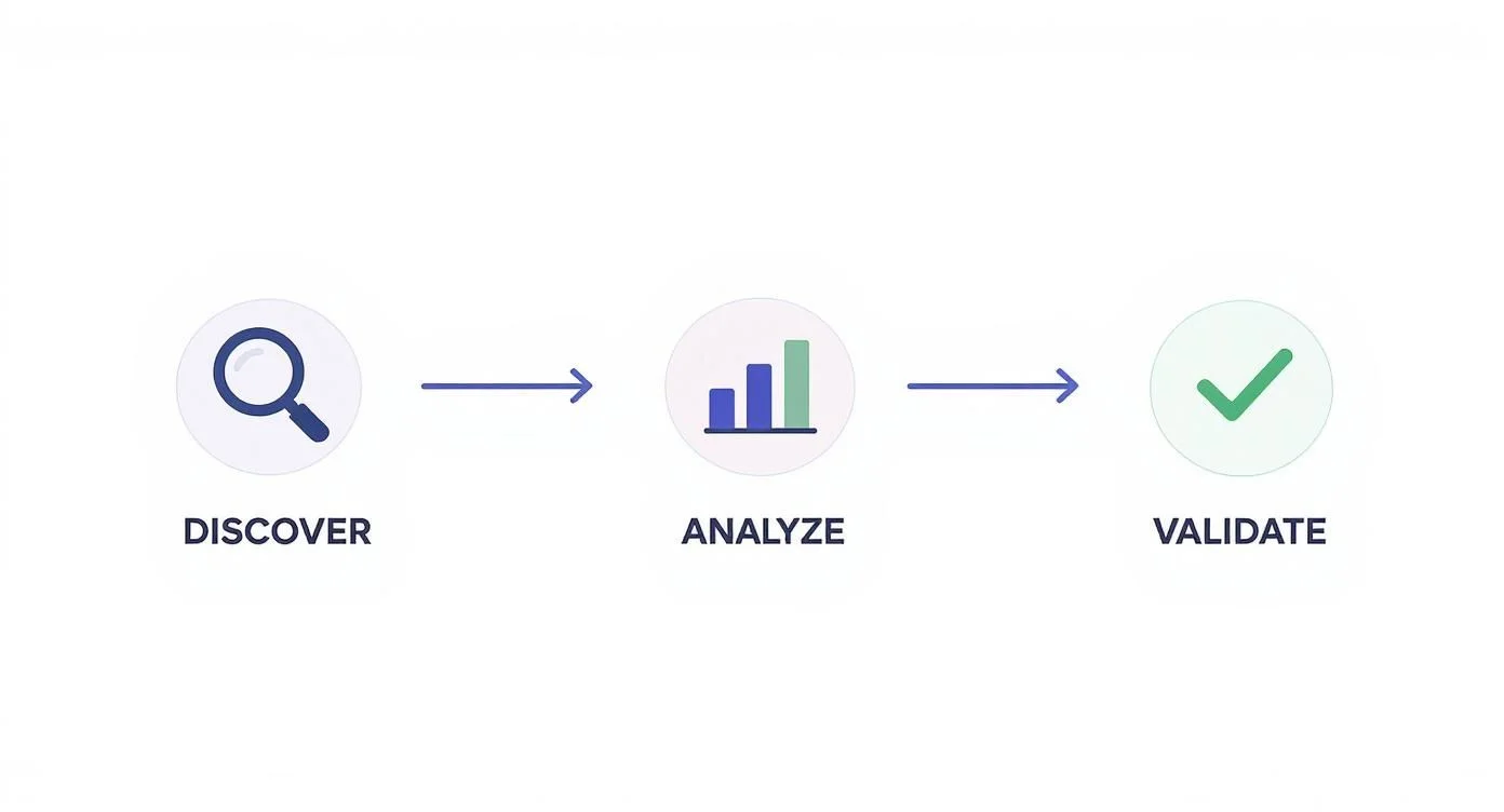 Product validation process steps showing landing page testing and micro-ad campaign results