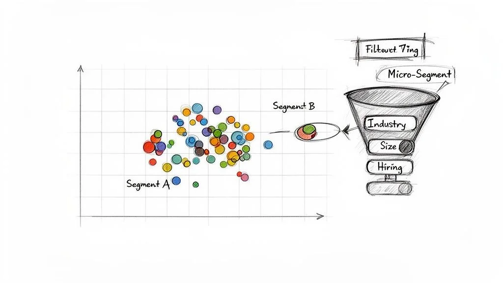 A bubble chart showing customer segments, then filtered by industry, size, and hiring to identify a micro-segment.
