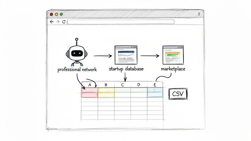 A diagram shows a robot processing data from a professional network, startup database, and marketplace into a spreadsheet, then to CSV.