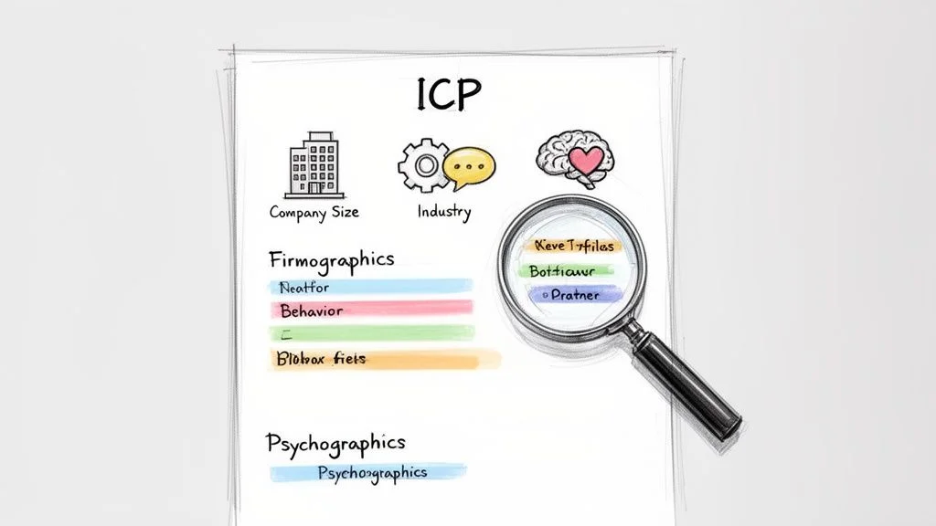 A hand-drawn diagram illustrating an Ideal Customer Profile (ICP) strategy with firmographics and psychographics.