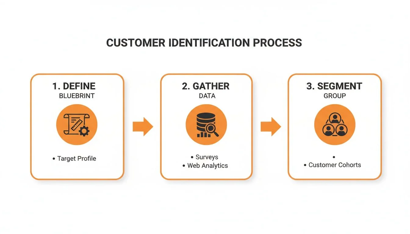 Infographic showing a three-step customer identification process: define, gather data, and segment.