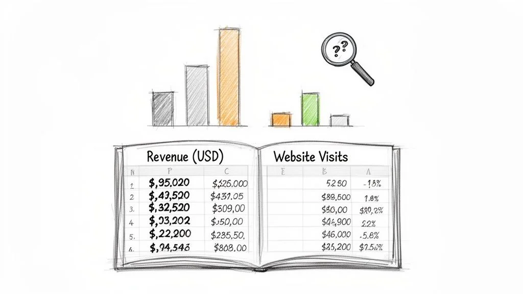 Revenue and website visit data in a spreadsheet with bar charts showing scale differences before normalization