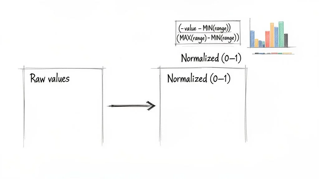 Diagram showing data normalization converting raw values to a 0-1 range using the Min-Max formula