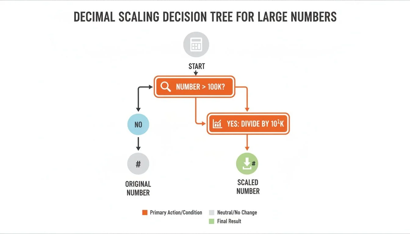 Flowchart showing a decimal scaling decision tree in Power Query for large numbers over 100K