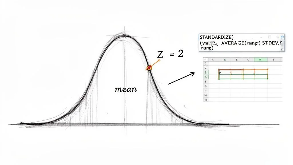 Normal distribution curve showing Z=2 and the Excel STANDARDIZE function for Z-score normalization