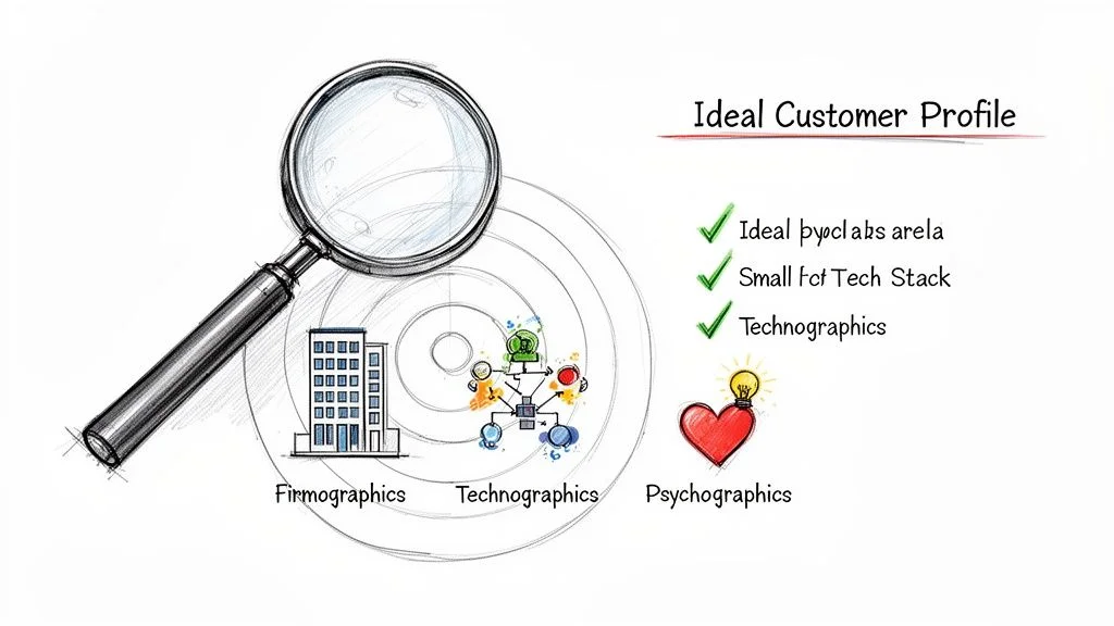 Illustration of ICP components: firmographics, technographics, and psychographics under a magnifying glass
