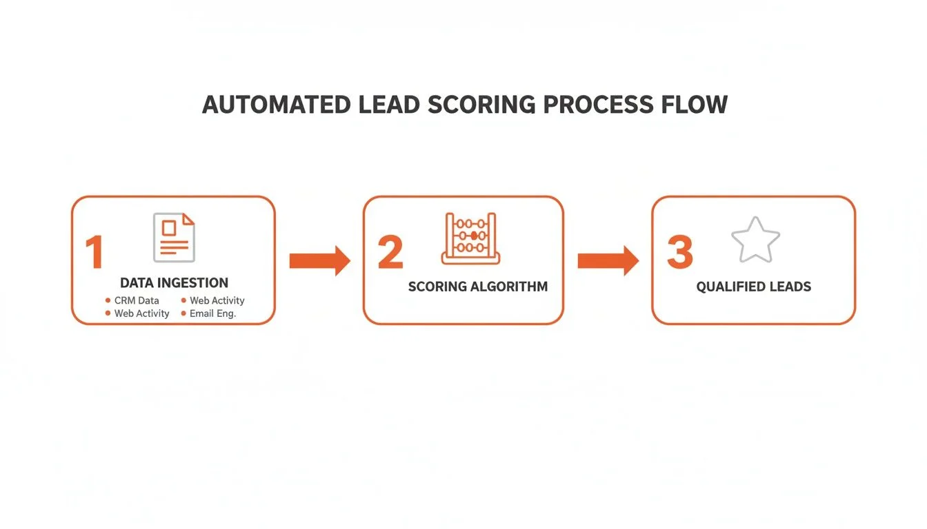 A flow diagram illustrating the automated lead scoring process from data ingestion to qualified leads