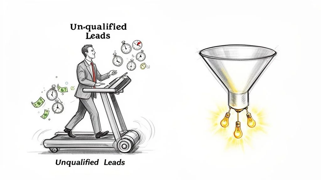 Illustration of wasted effort on unqualified leads versus a funnel generating qualified insights