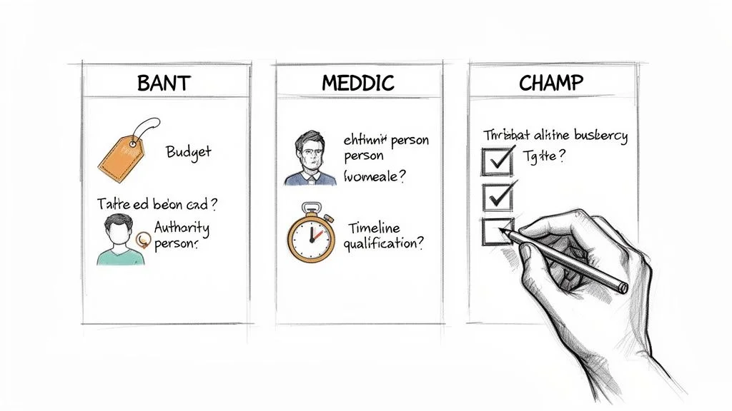 Illustration of sales qualification frameworks BANT, MEDDIC, and CHAMP with checklists