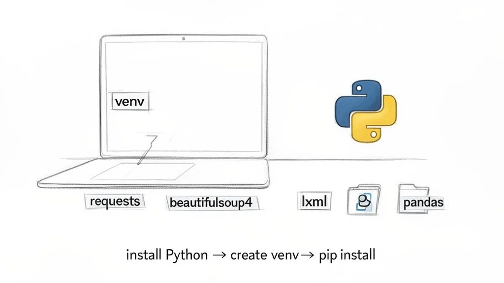 Python environment setup for web scraping showing venv, Python logo, and libraries including requests, BeautifulSoup, and pandas