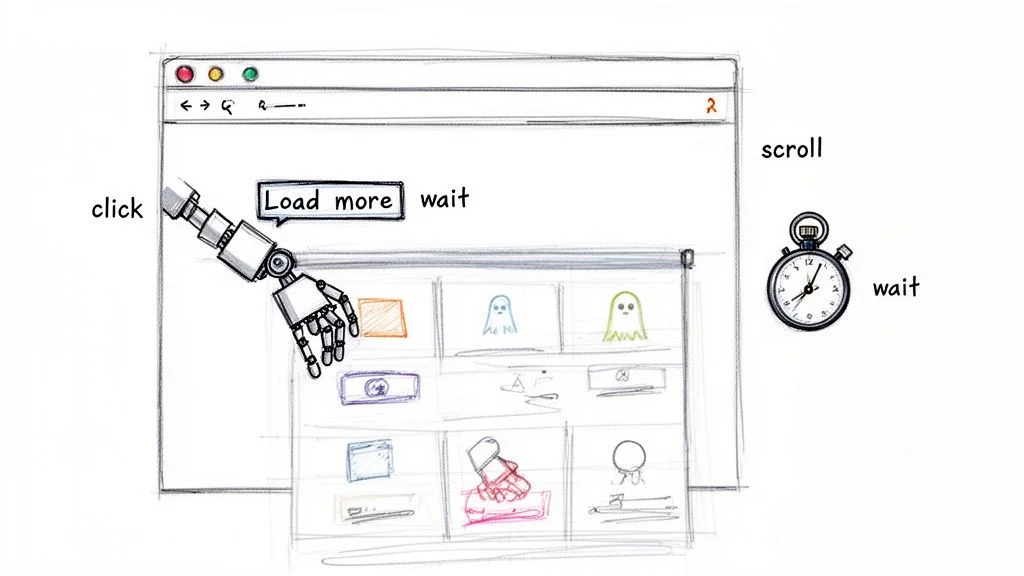 Robotic arm clicking a 'Load more' button on a website showing the automated scraping process with wait times