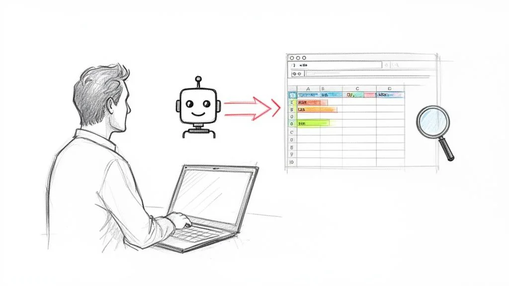 A person uses a laptop, a robot extracts data from a spreadsheet, and a magnifying glass inspects it.