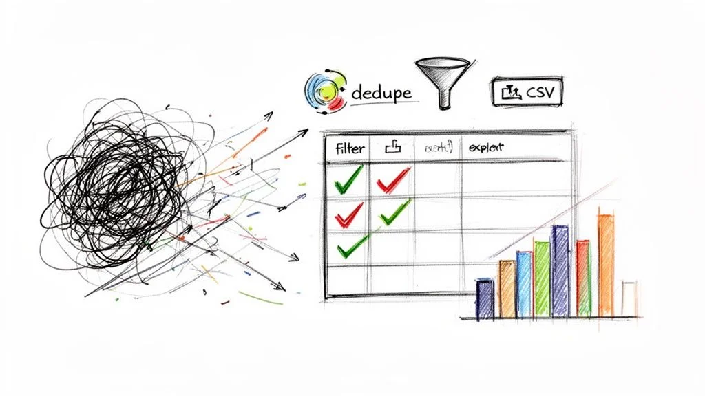Hand-drawn illustration showing data processing from messy input to organized analysis and results.