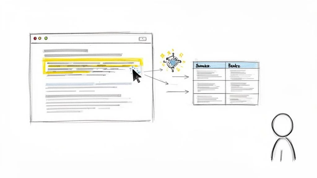 Illustration showing a cursor selecting text from a webpage, processed by an AI bot into a structured table