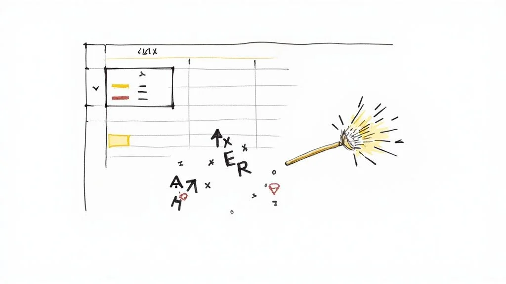Hand-drawn illustration depicting a spreadsheet grid, a chart, and data symbols