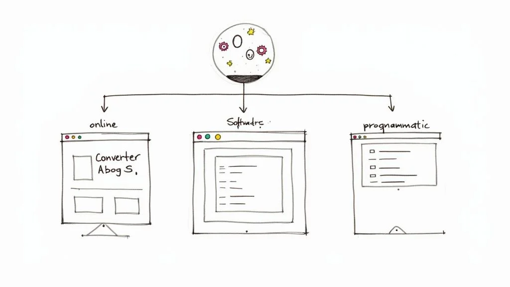 Diagram illustrating three approaches to PDF data handling: online conversion, desktop software, and programmatic tools