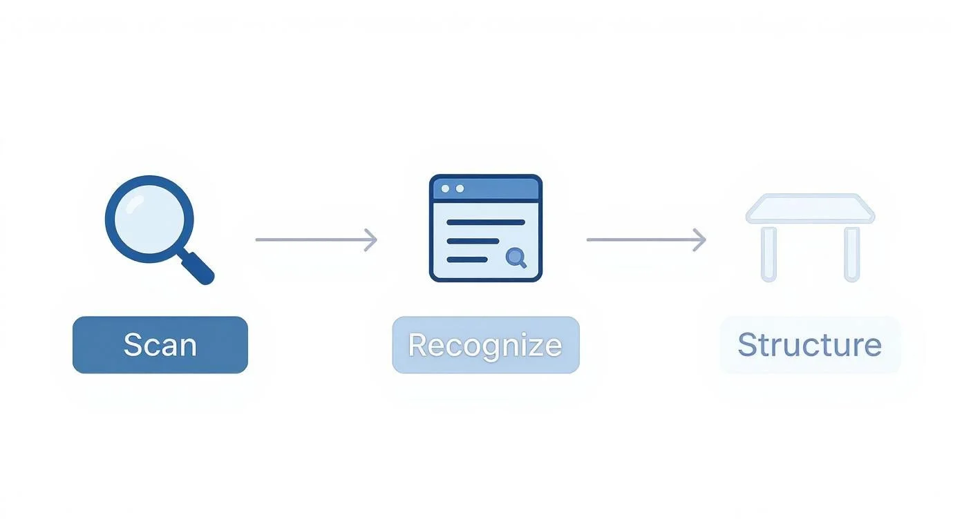 Flowchart showing three steps for PDF data processing: Scan, Recognize, and Structure