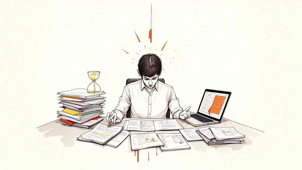 Person overwhelmed by large stack of documents symbolizing manual PDF data entry pressure
