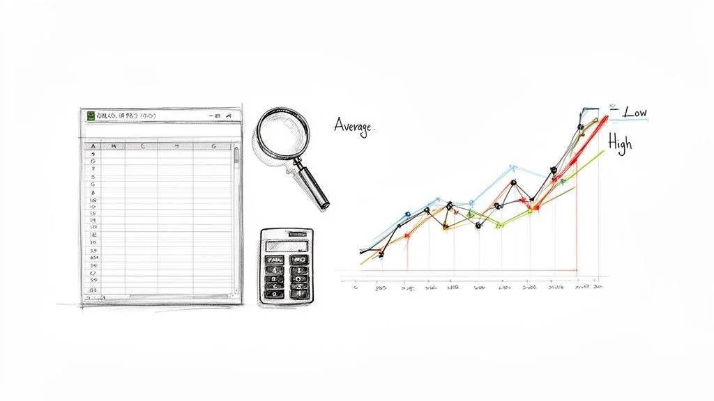 Hand-drawn data analysis tools: spreadsheet, calculator, magnifying glass, and line graph