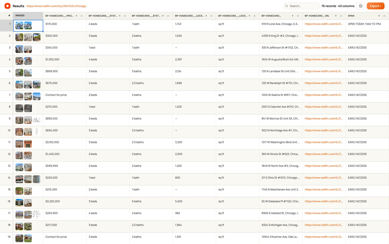 Clura Redfin results with 76 property records, prices, addresses, beds, baths, square footage, and export controls