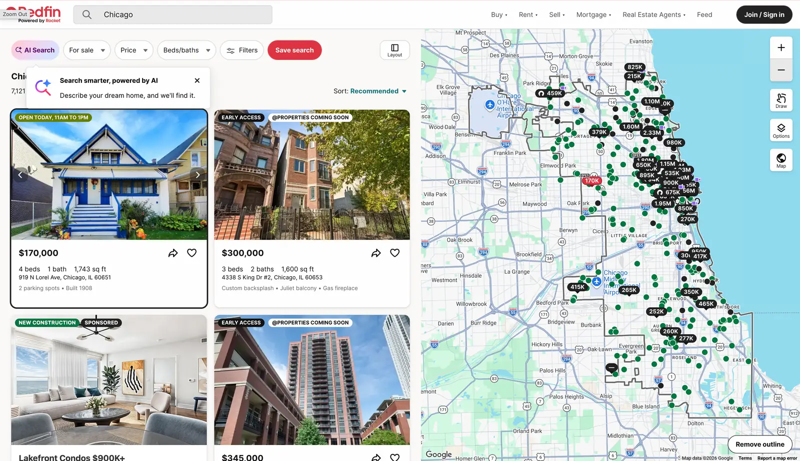 Redfin Chicago property listings with asking prices, addresses, beds, baths, square footage, and map filters