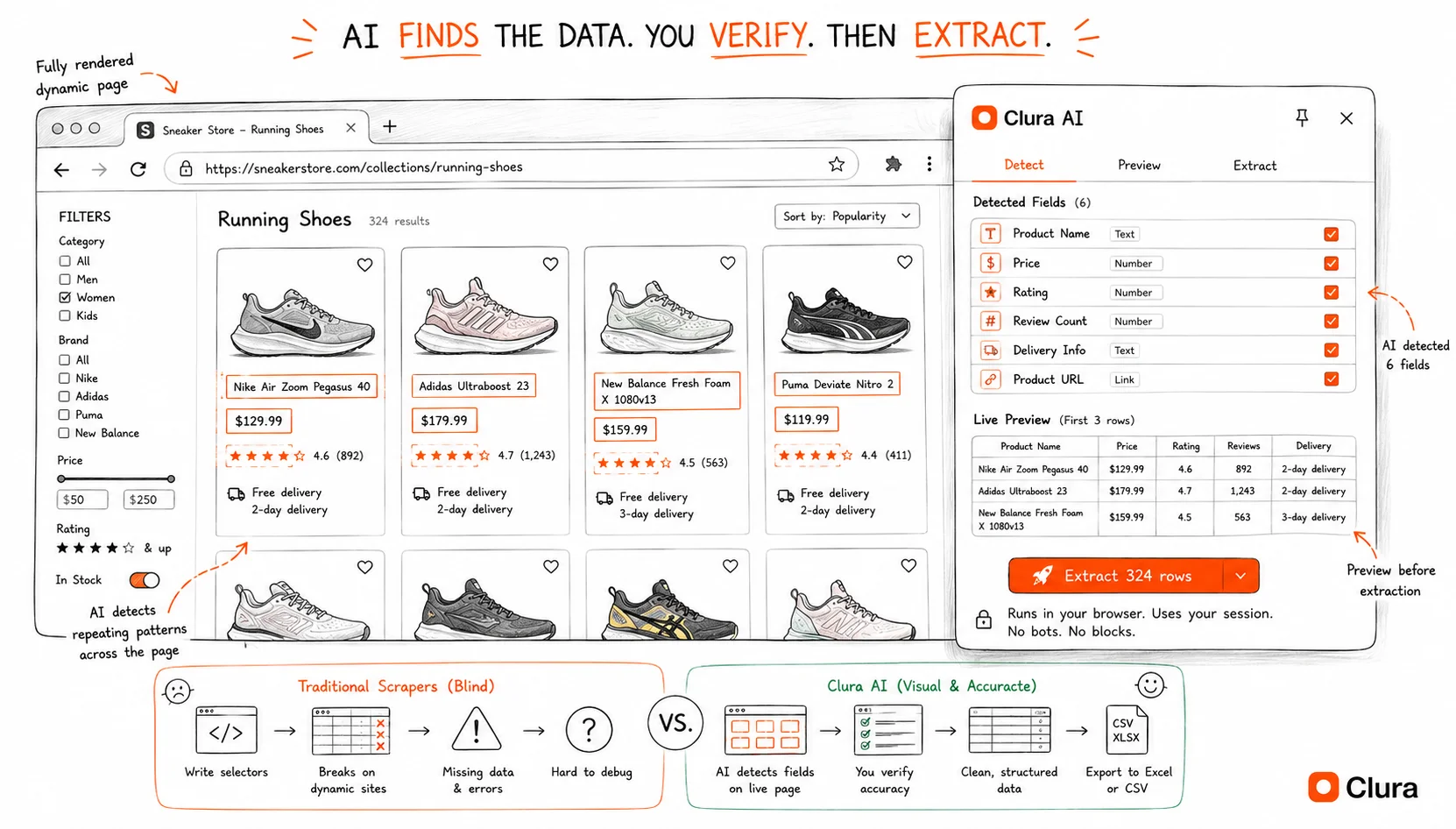 Clura AI extension panel open on a dynamic running shoes product page, showing detected fields including product name, price, rating, review count, and delivery — with a live data preview and comparison between traditional scraper failures and Clura's browser-native approach