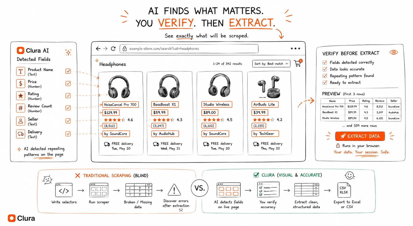 Clura AI detecting headphone product fields — name, price, rating, review count, seller, delivery — on a dynamic ecommerce page, with a preview table showing the first 3 rows before clicking Extract Data