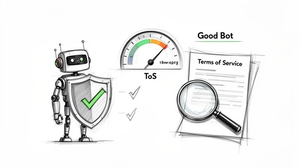 Sketch showing a robot with a shield, Good Bot label, and Terms of Service documents representing ethical scraping compliance