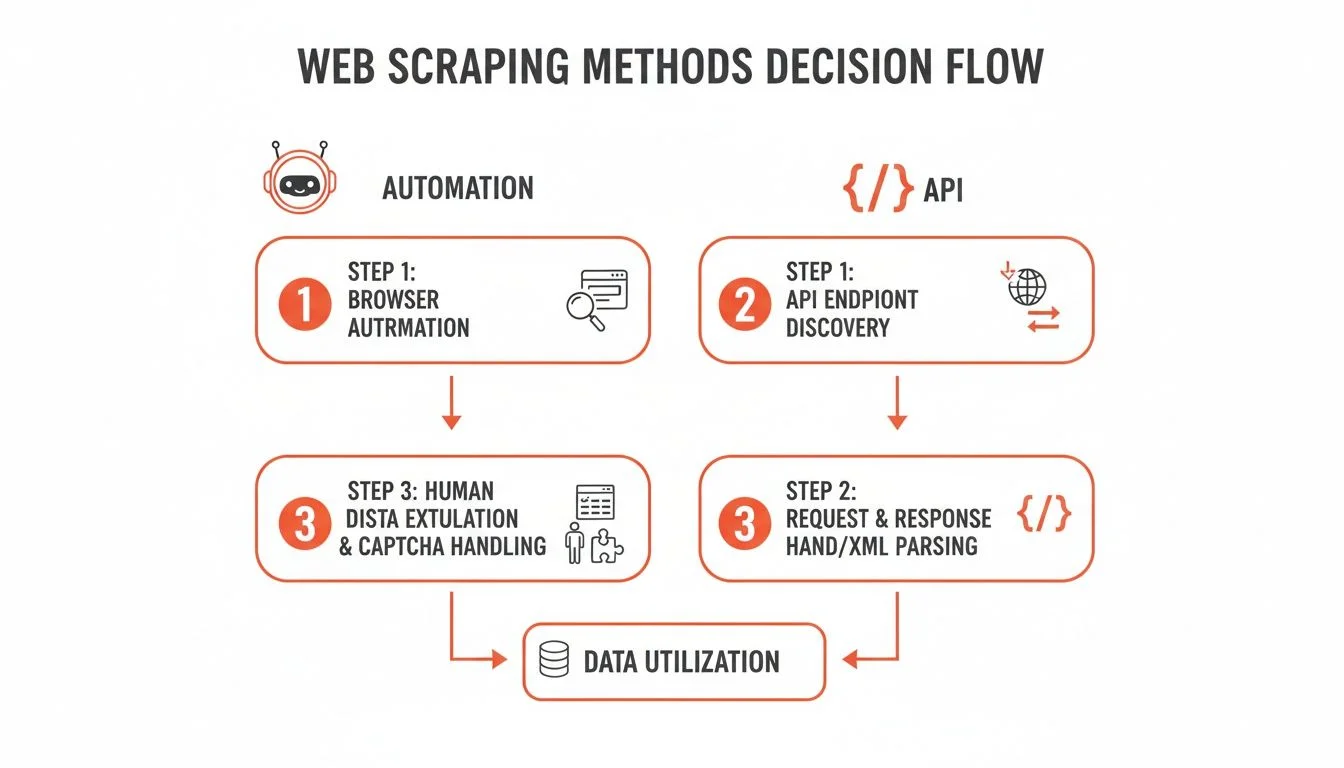Web scraping methods decision flow diagram illustrating automation and API approaches for Google Shopping data extraction