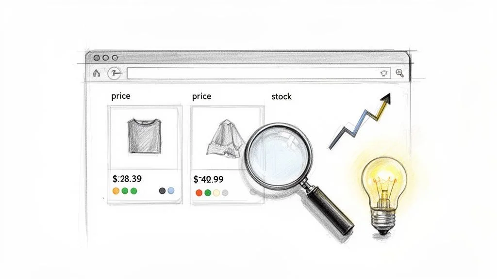 Browser window showing e-commerce products, prices, stock, trend chart, and a magnifying glass for Google Shopping research
