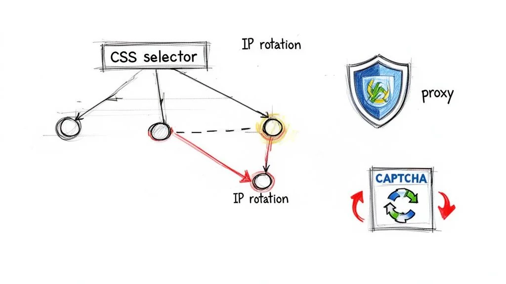 Diagram illustrating web scraping techniques including CSS selectors, proxy rotation, and request pacing to avoid blocks