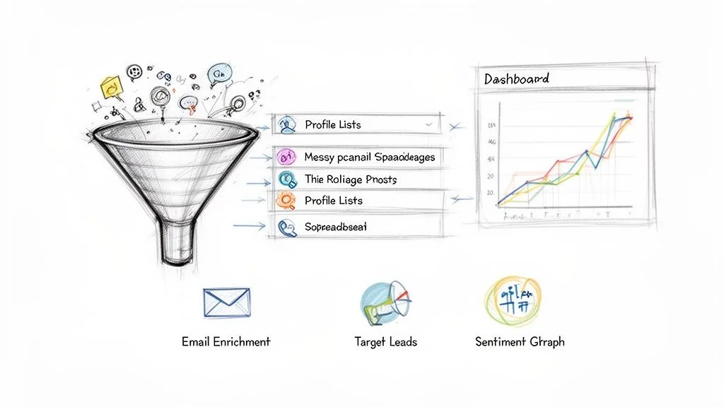 Funnel diagram showing social media data being processed into sales profiles, talent pipelines, and market intelligence