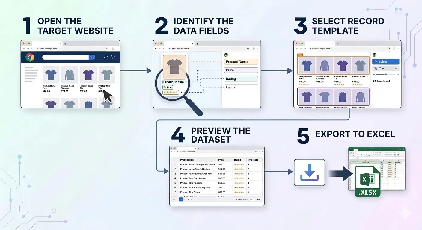 Step-by-step diagram showing how to scrape a website and export data to Excel