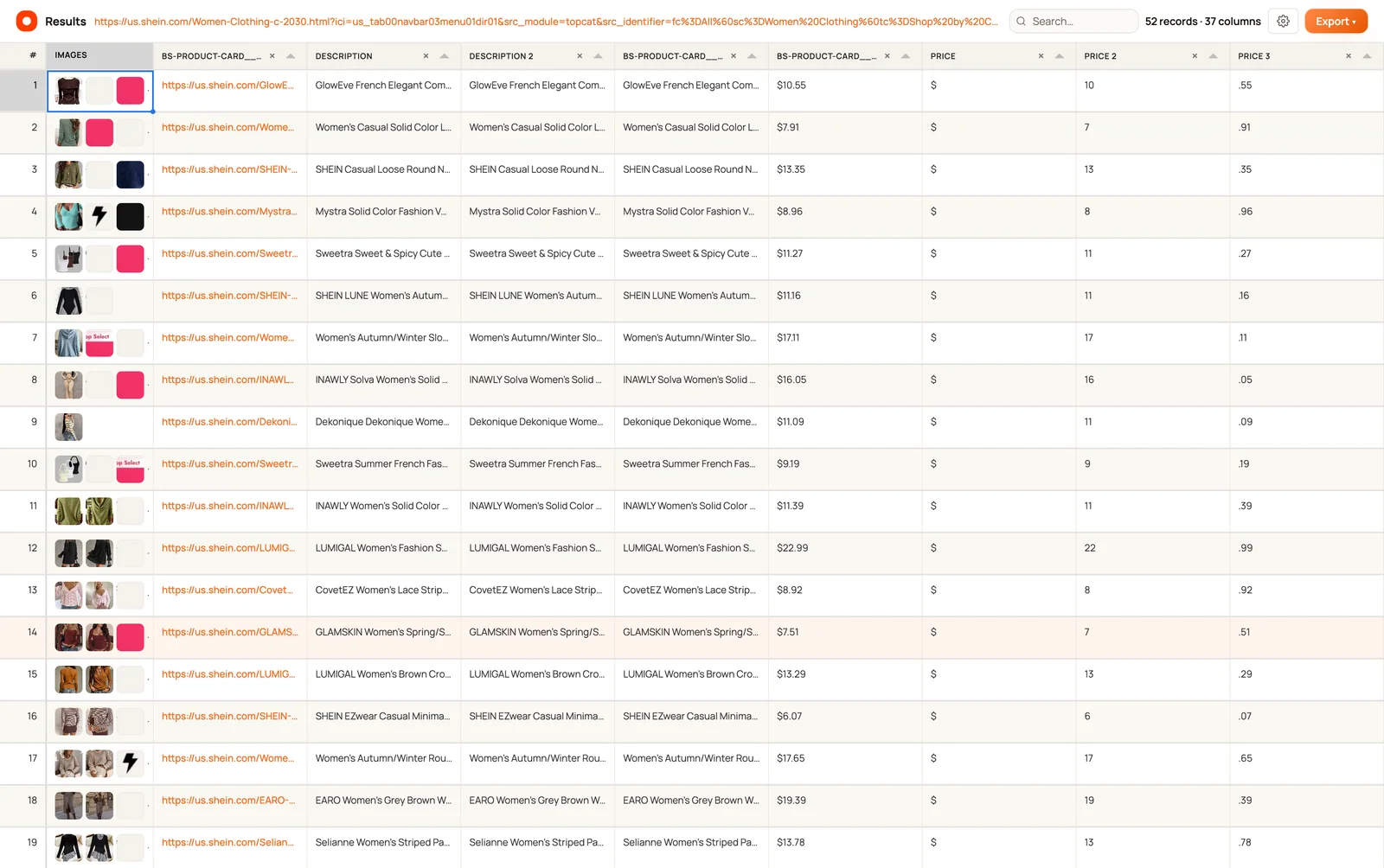 Clura SHEIN results table with product images, links, descriptions, combined prices, and split price columns