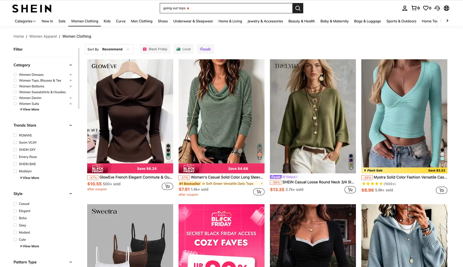 SHEIN women’s clothing category with fashion product cards, displayed prices, filters, and promotional labels