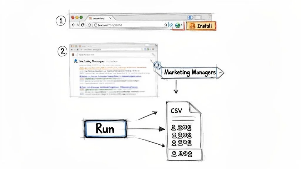 A diagram showing the three steps to use a social media finder: install browser tool, search for targets, run and export CSV