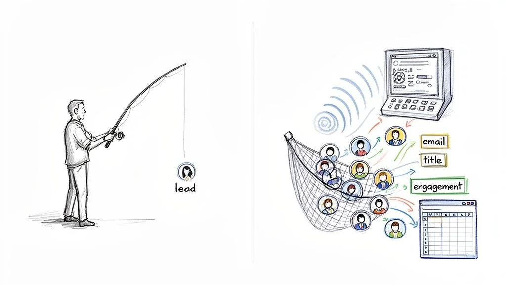Illustration contrasting one-by-one lead generation with a social media finder capturing multiple engaged prospects simultaneously
