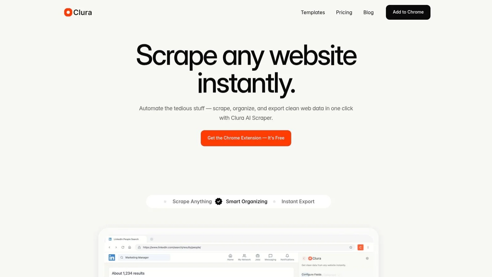Clura browser extension showing LinkedIn data extraction results