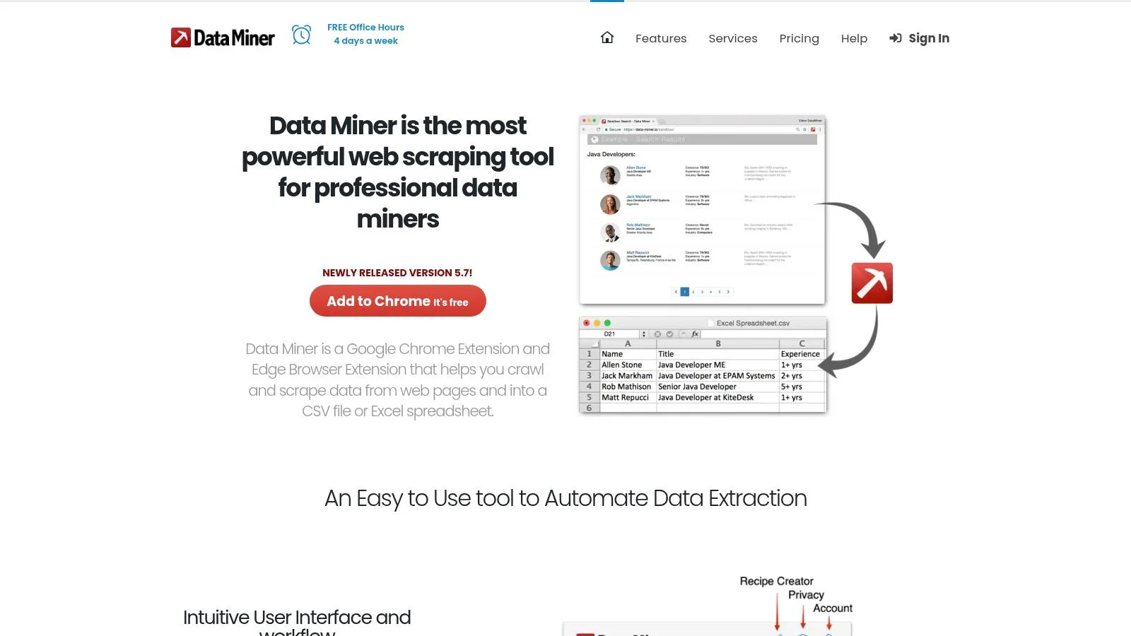 Data Miner Chrome extension showing recipe library and data extraction from a website