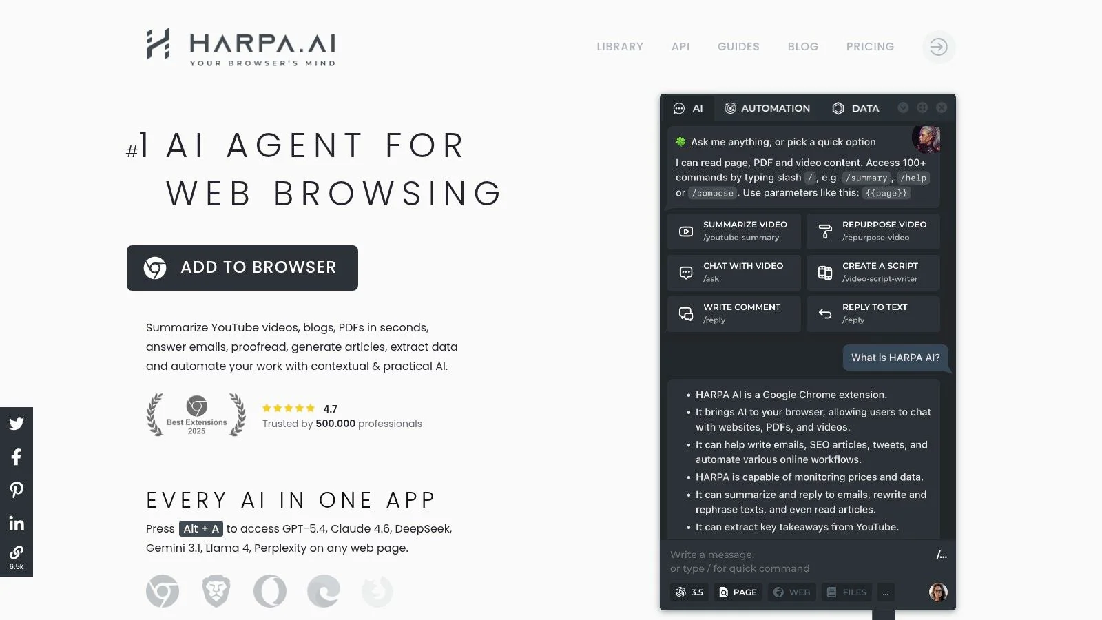 HARPA AI Chrome extension showing AI-powered page extraction and monitoring with natural language commands