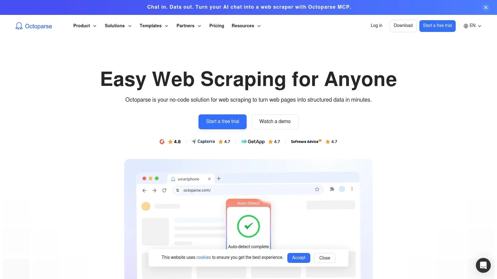 Octoparse AI Chrome extension showing template-based scraping with cloud scheduling options