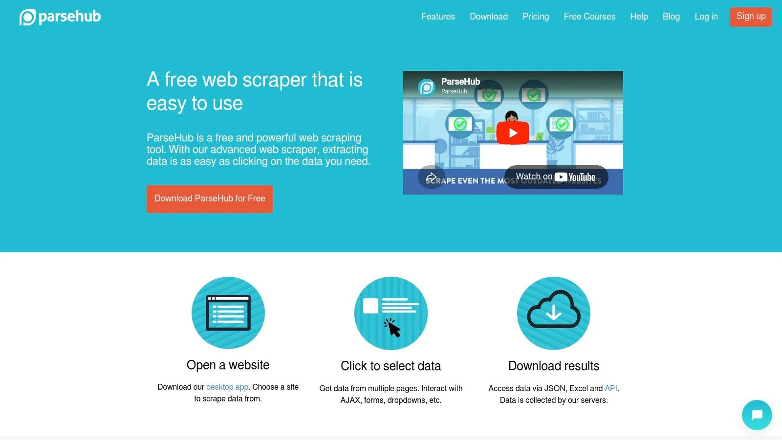 ParseHub visual project builder interface showing point-and-click extraction from a complex JavaScript website